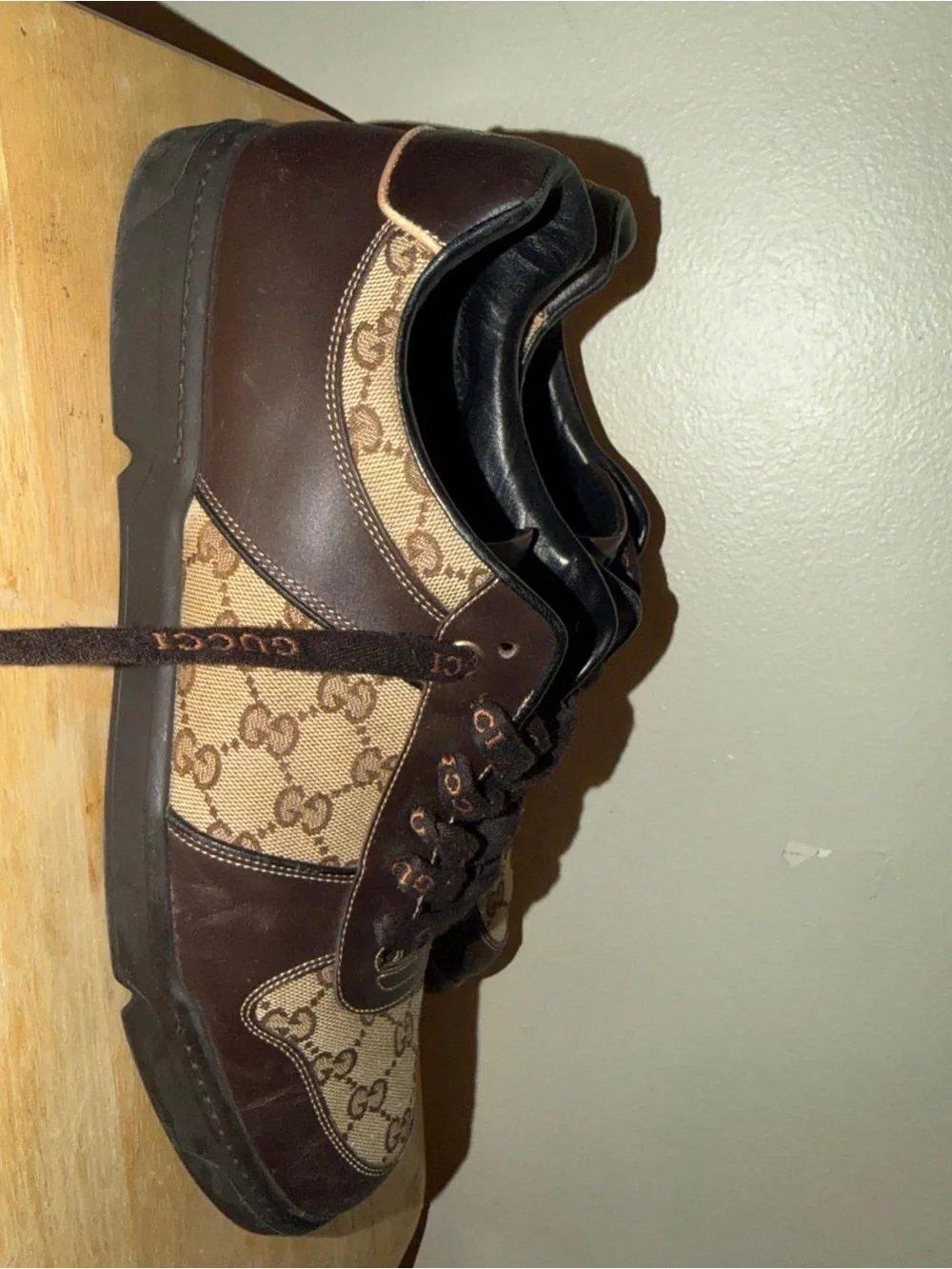 Gucci Men’s Brown GG Canvas & Dark Brown Leather Sneakers with Green-Red Web